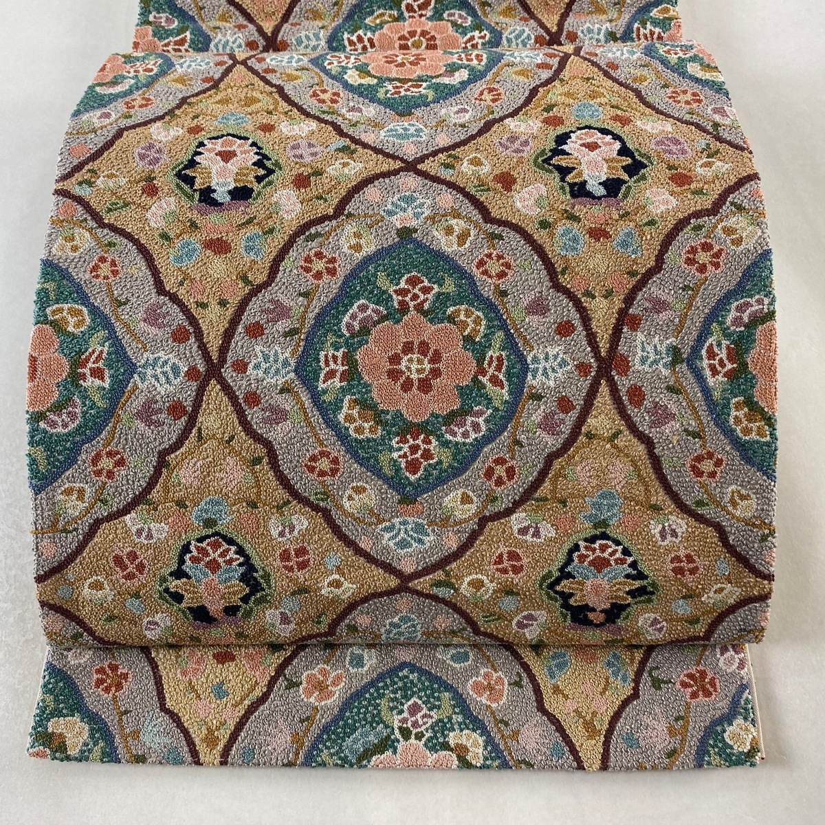 袋帯 美品 逸品 華文 草花 相良刺繍 灰紫 六通 正絹 【中古】拍卖