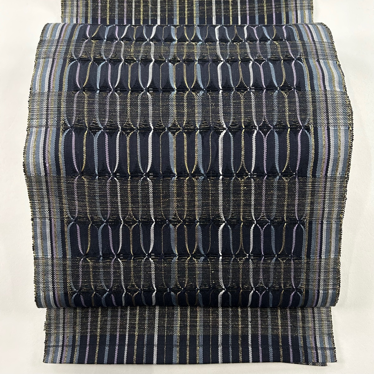 名古屋帯 美品 名品 八寸名古屋帯 縞 幾何学 金糸 濃紫 正絹 【中古】拍卖