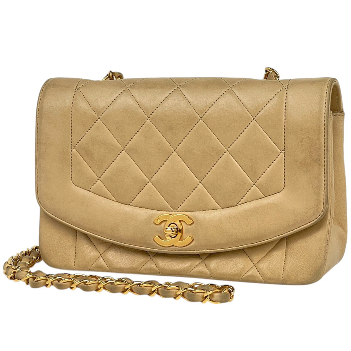 【在庫一掃】 シャネル ダイアナ マトラッセ シングルフラップ チェーン ショルダーバッグ ココマーク レザー ベージュ A01164 中古拍卖