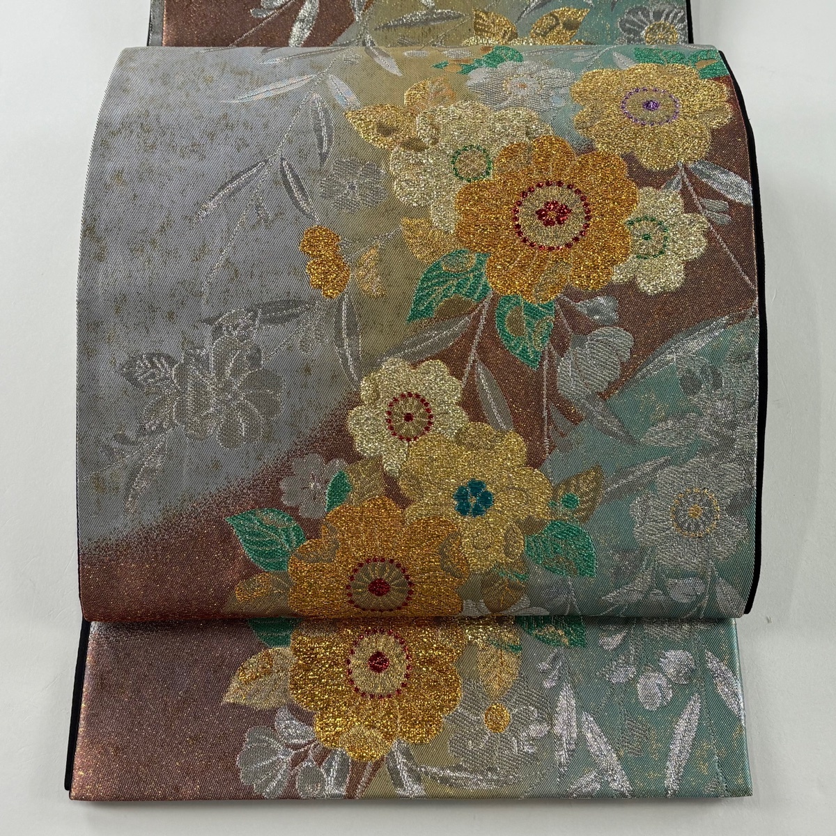 袋帯 美品 秀品 鈴乃屋 桜 銀糸 箔 灰緑 六通 正絹 【中古】拍卖