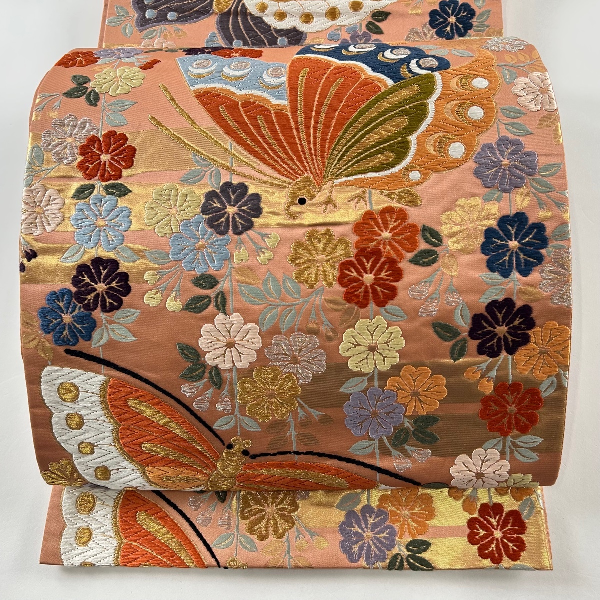 袋帯 美品 秀品 蝶 草花 唐織 箔 サーモンピンク 六通 正絹 【中古】拍卖