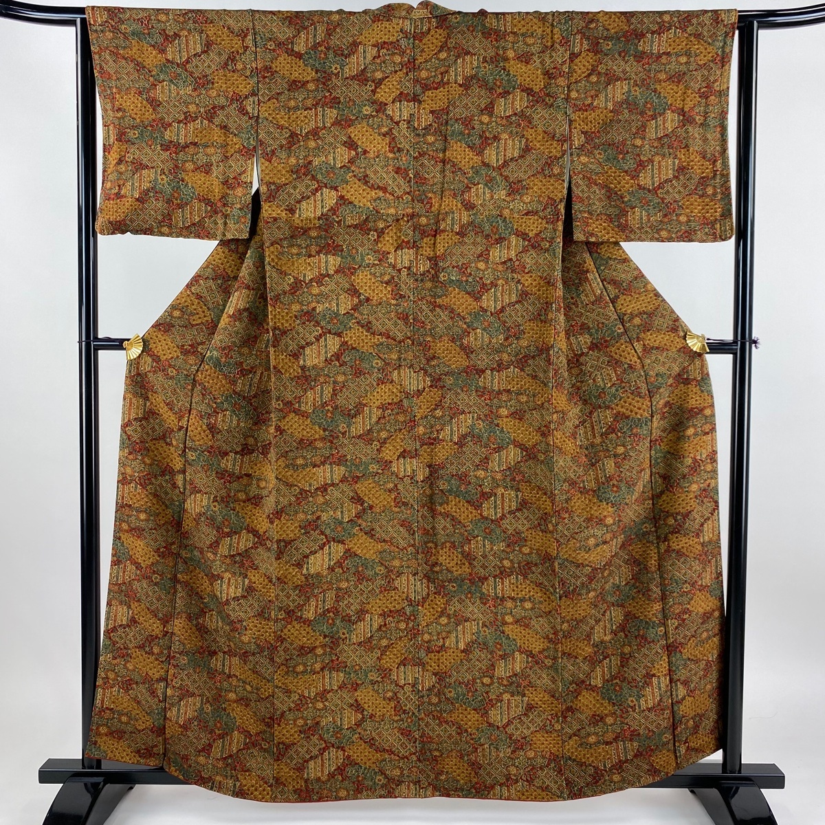 小紋 身丈158.5cm 裄丈62cm S 袷 草花 斜め格子 縮緬 赤茶 正絹 美品 秀品 【中古】拍卖