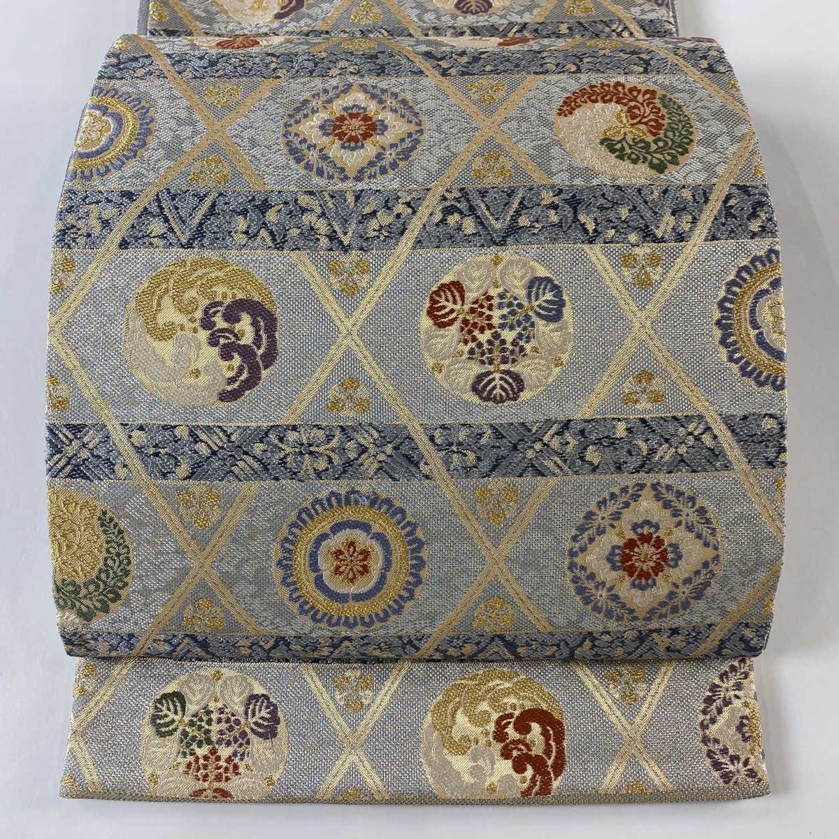 袋帯 美品 秀品 華文 波頭 金銀糸 箔 青灰色 六通 正絹 【中古】拍卖