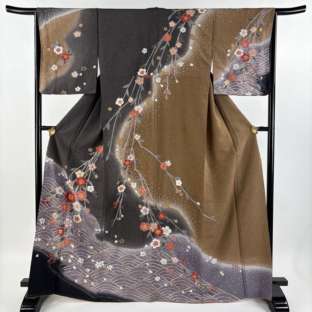 訪問着 身丈167cm 裄丈65cm M 袷 桜 波 金彩 絞り 茶紫 正絹 名品 【中古】拍卖