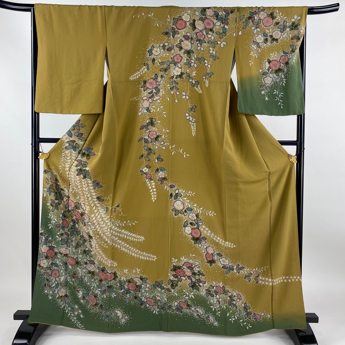 訪問着 身丈164cm 裄丈66cm M 袷 辻が花柄 染め分け ぼかし 黄土色 正絹 美品 名品 【中古】拍卖
