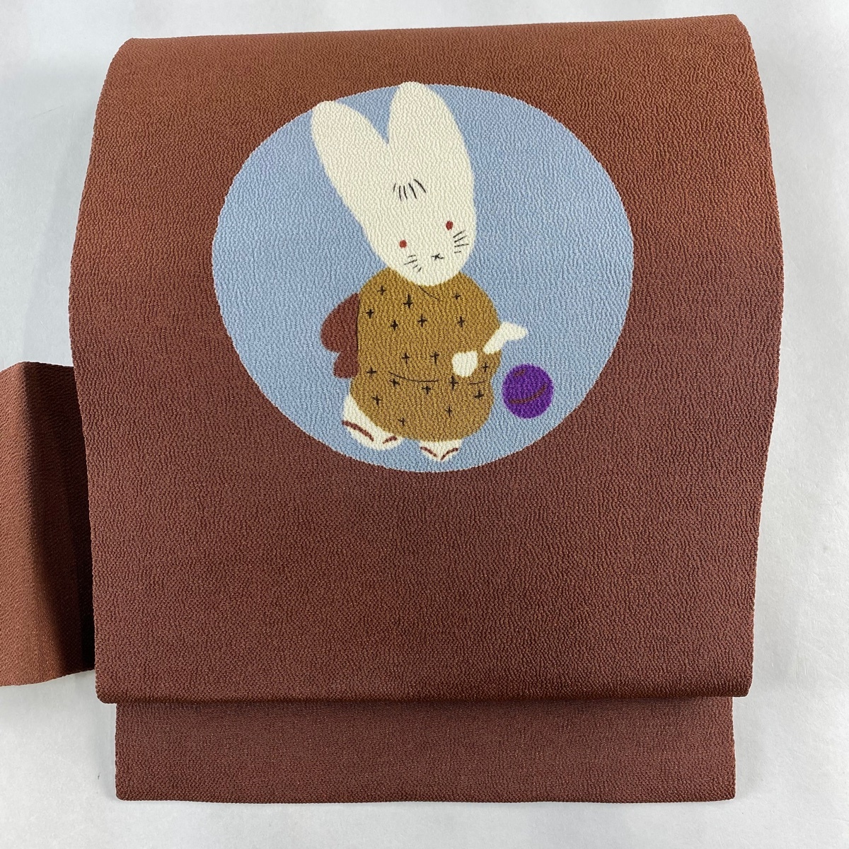 名古屋帯 美品 名品 うさぎ 手鞠 縮緬 茶色 正絹 【中古】拍卖