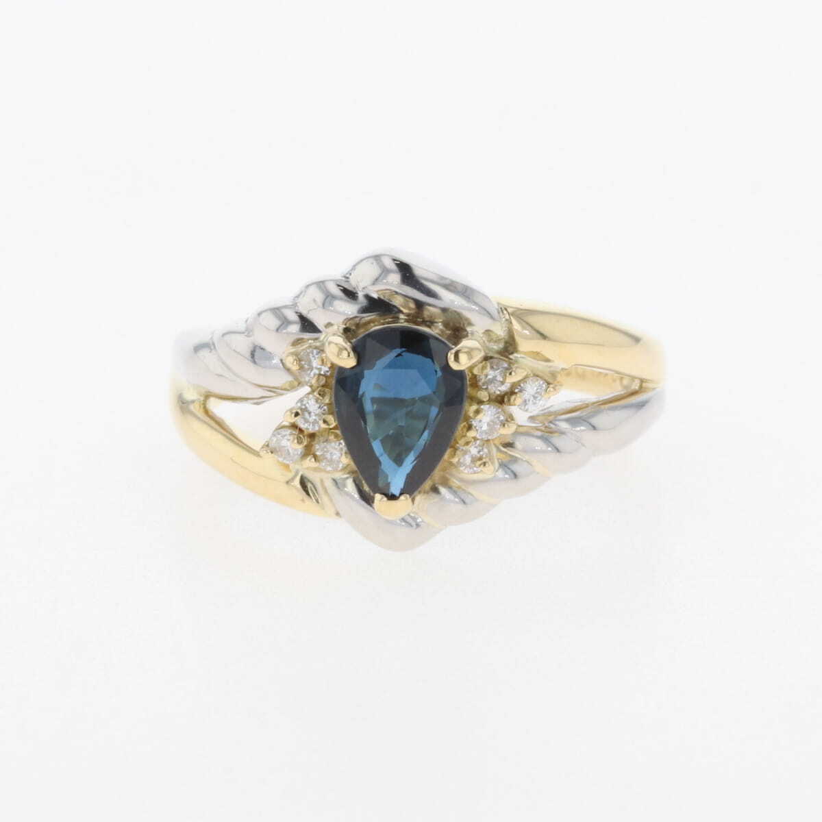 サファイア デザインリング YG イエローゴールド プラチナ 指輪 メレダイヤ ダイヤモンド 11.5号 K18 Pt850 サファイア レディース 中古拍卖