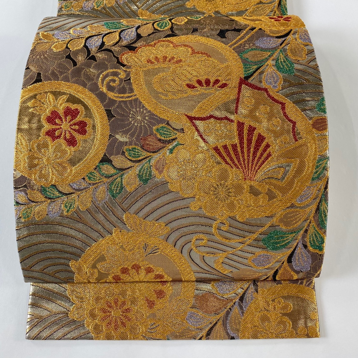 袋帯 美品 秀品 蝶 草花 金糸 箔 銀色 六通 正絹 【中古】拍卖