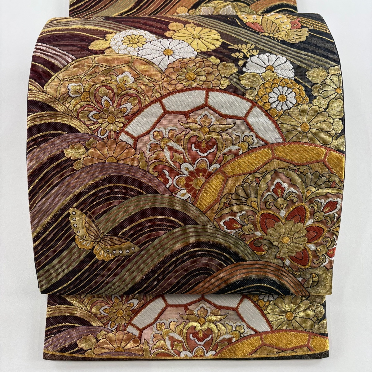 袋帯 秀品 華文 波 金糸 箔 黒 全通 正絹 【中古】拍卖