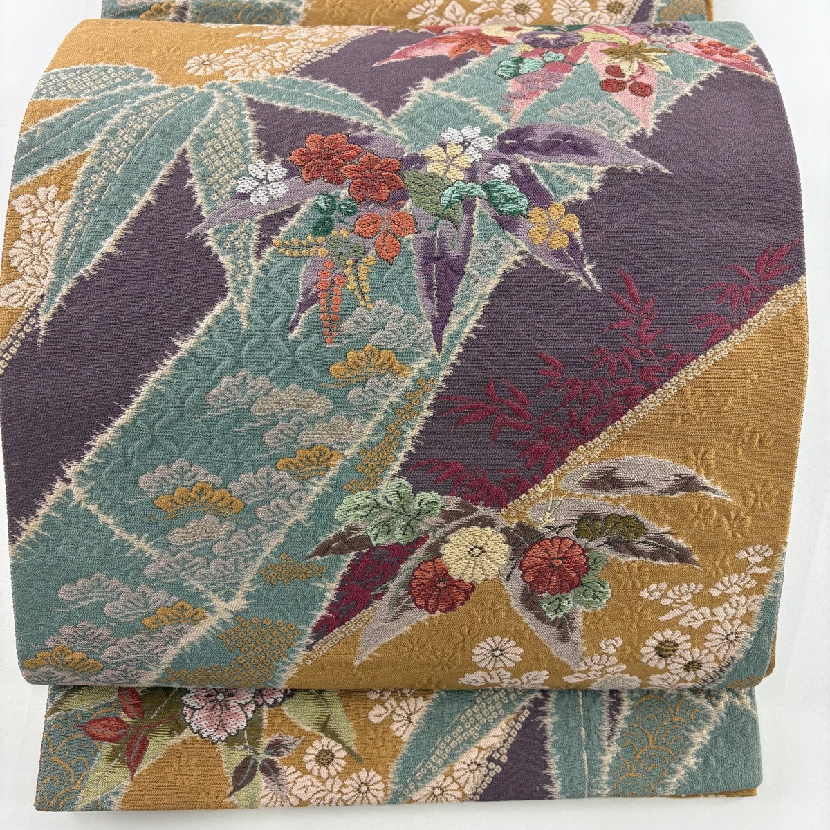 袋帯 美品 秀品 竹 草花 灰紫 六通 正絹 【中古】拍卖