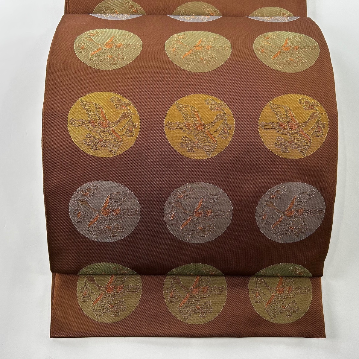 袋帯 美品 秀品 丸紋 花食い鳥 金糸 茶色 全通 正絹 【中古】拍卖