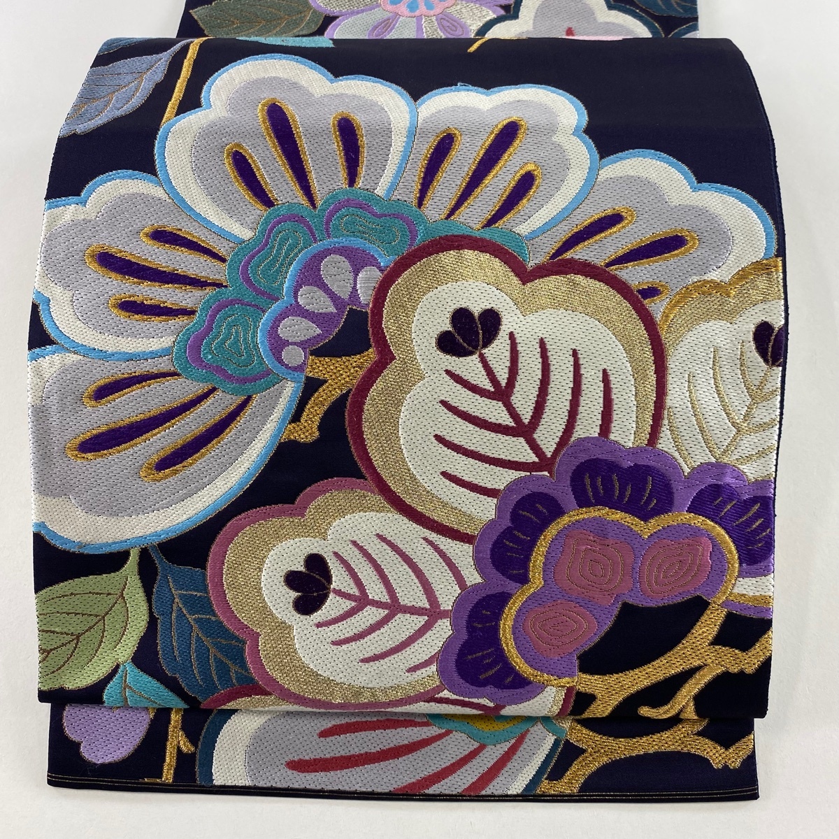 【在庫一掃】 袋帯 名品 松 桜 金糸 箔 濃紺 六通 正絹 【中古】拍卖