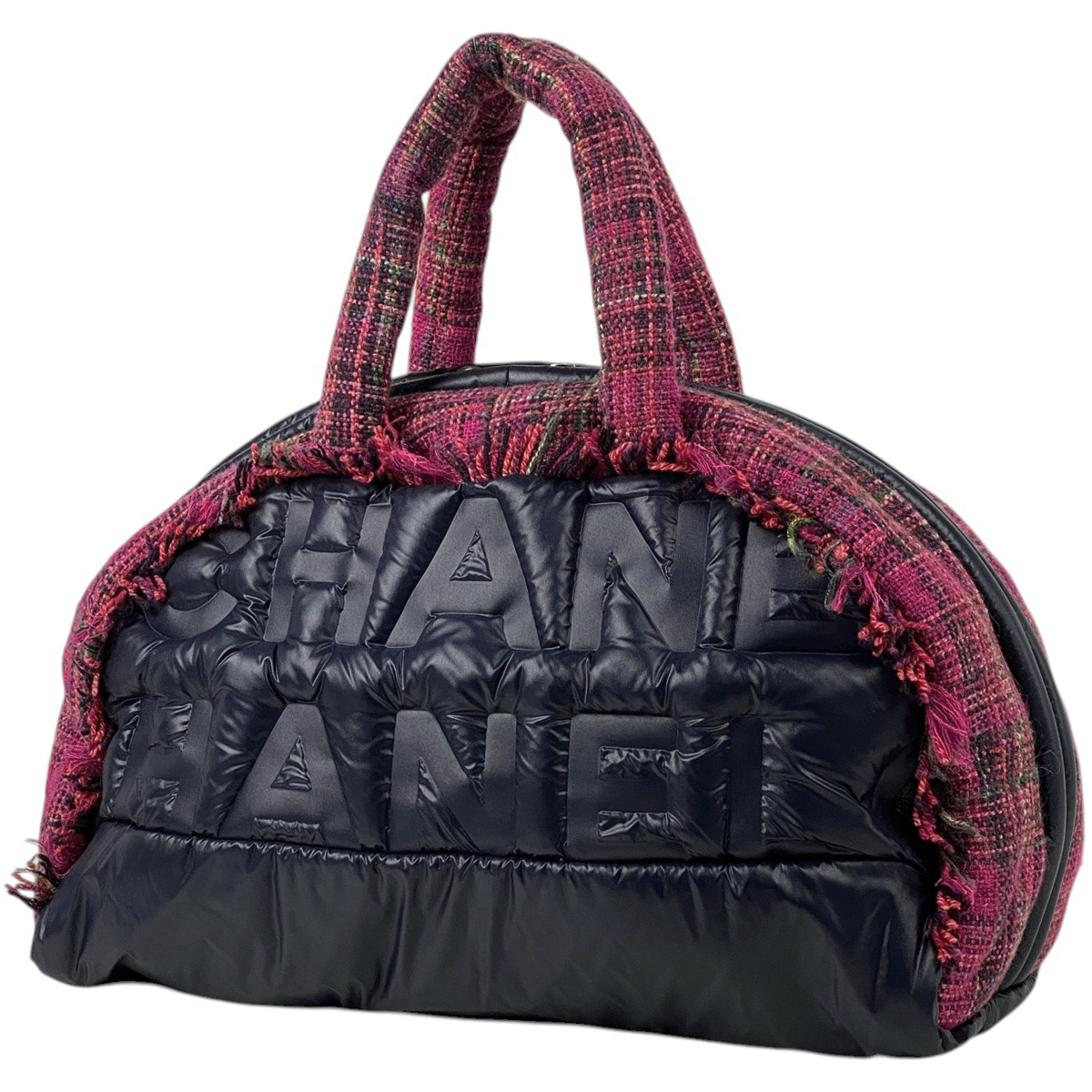 【在庫一掃】 シャネル ドゥドーヌ ココネージュ ハンドバッグ エンボスロゴ ツイード ハンドバッグ ナイロン ネイビー ピンク 中古拍卖