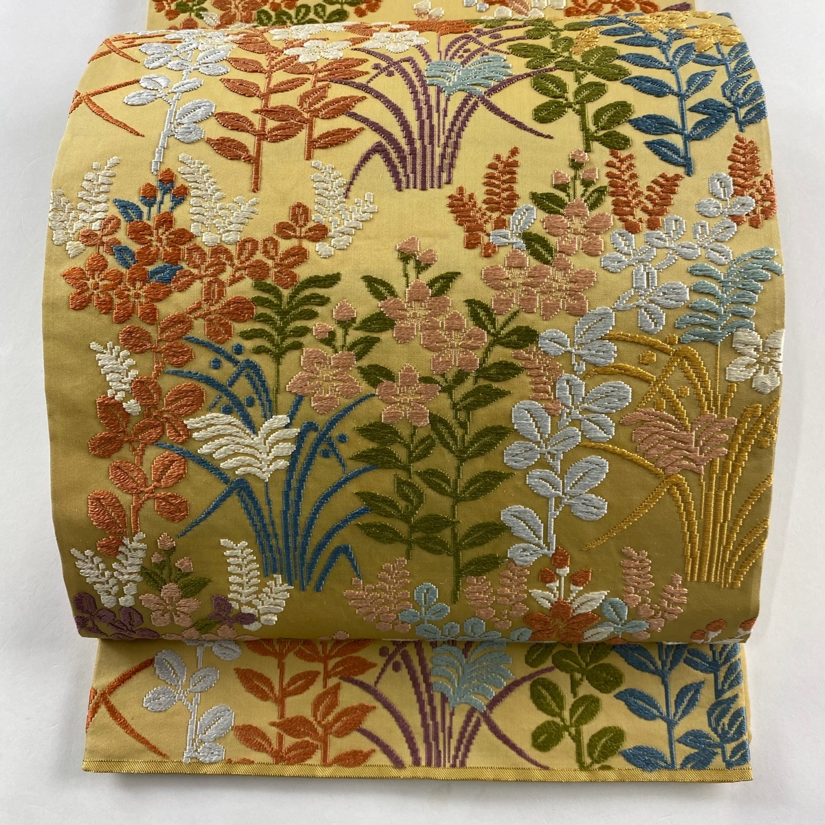 袋帯 秀品 関西仕立て 草花 唐織 黄土色 六通 正絹 【中古】拍卖