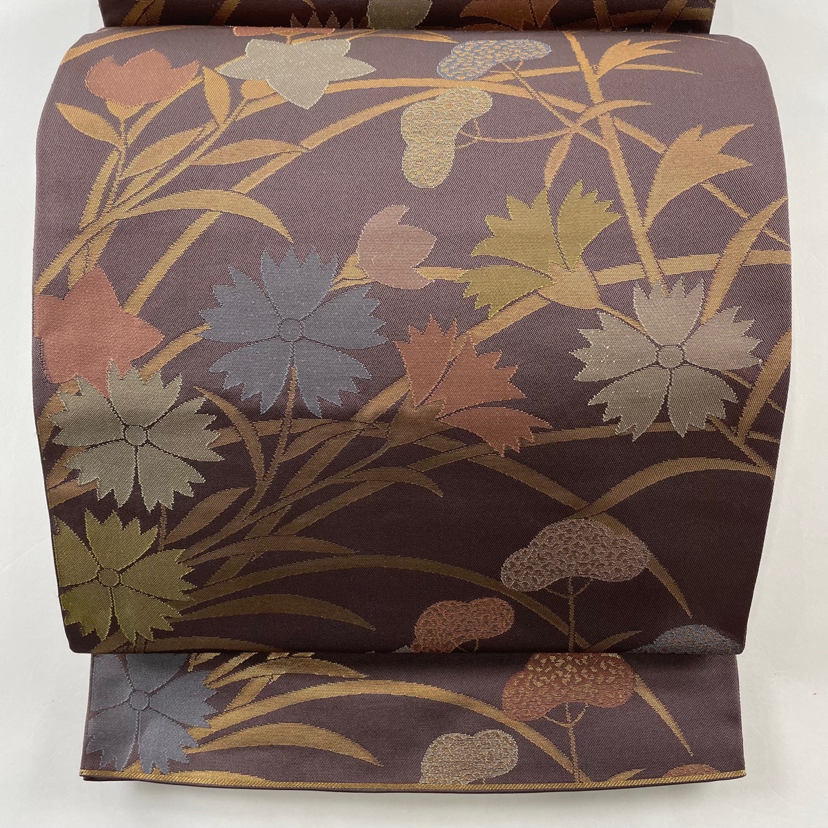 袋帯 美品 秀品 織悦 落款 関西仕立て 女郎花 桔梗 箔 小豆色 六通 正絹 【中古】拍卖