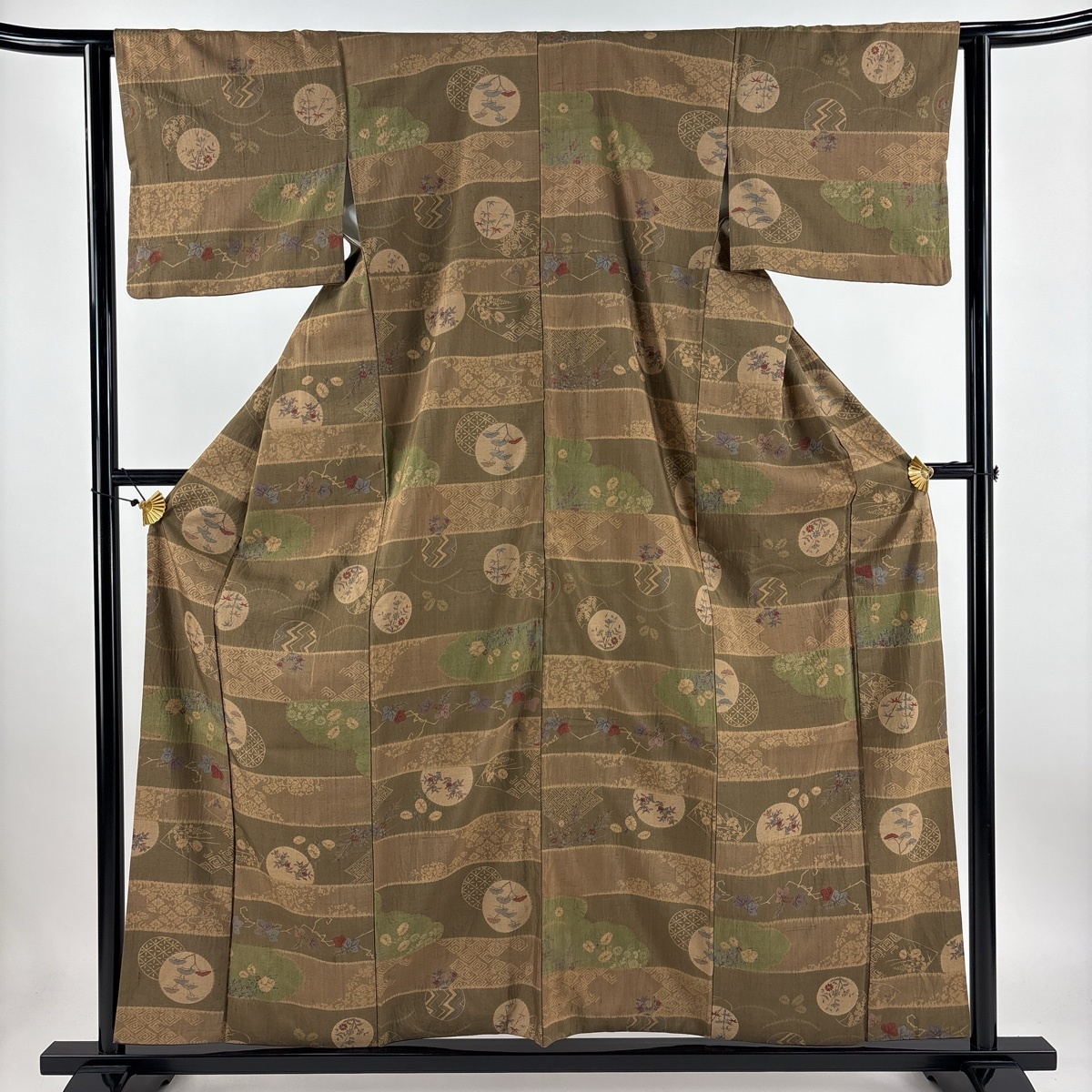 小紋 身丈158.5cm 裄丈62cm S 袷 紬地 草花 丸文 茶緑色 正絹 美品 秀品 【中古】拍卖