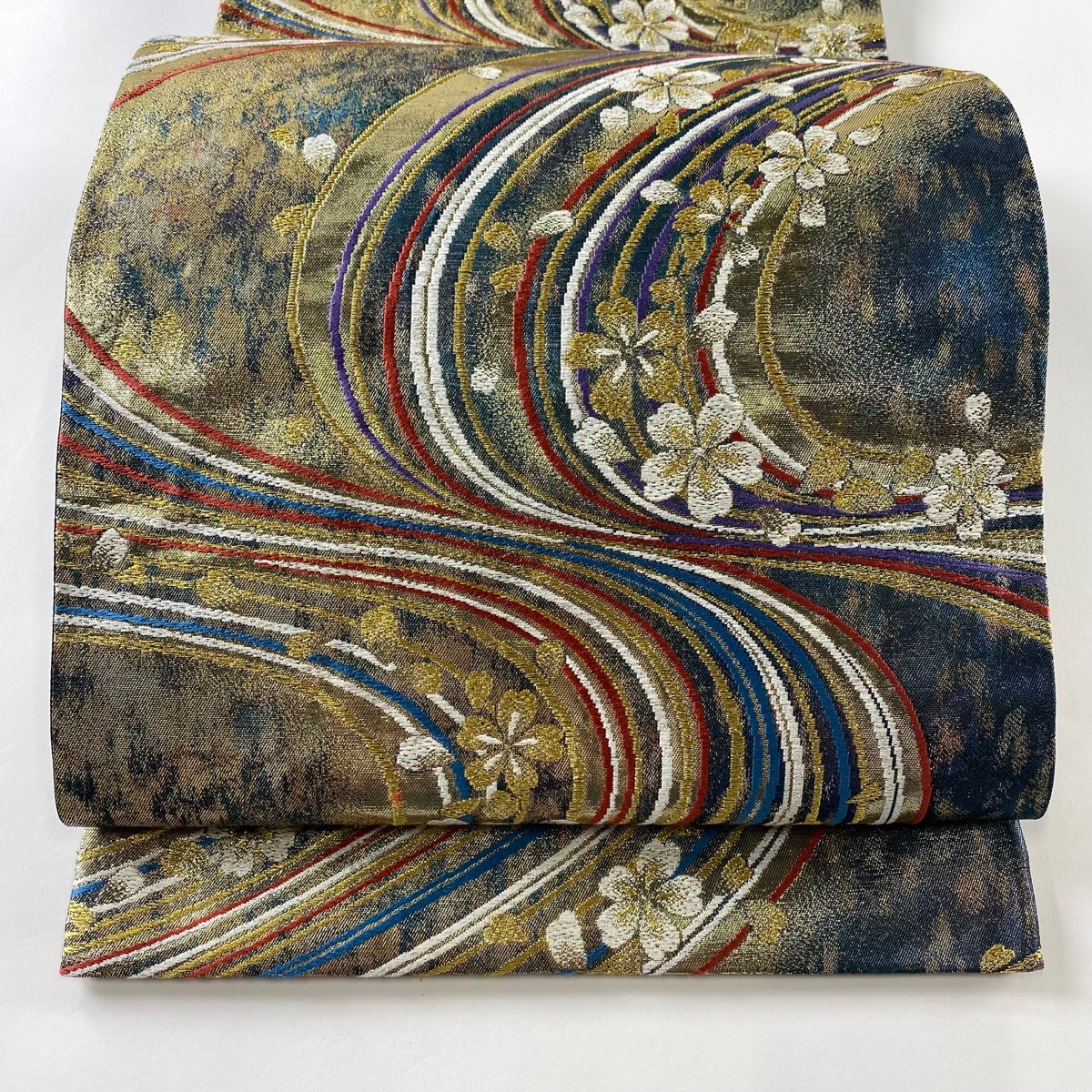 袋帯 美品 秀品 桜 流水 金糸 箔 青緑 六通 正絹 【中古】拍卖