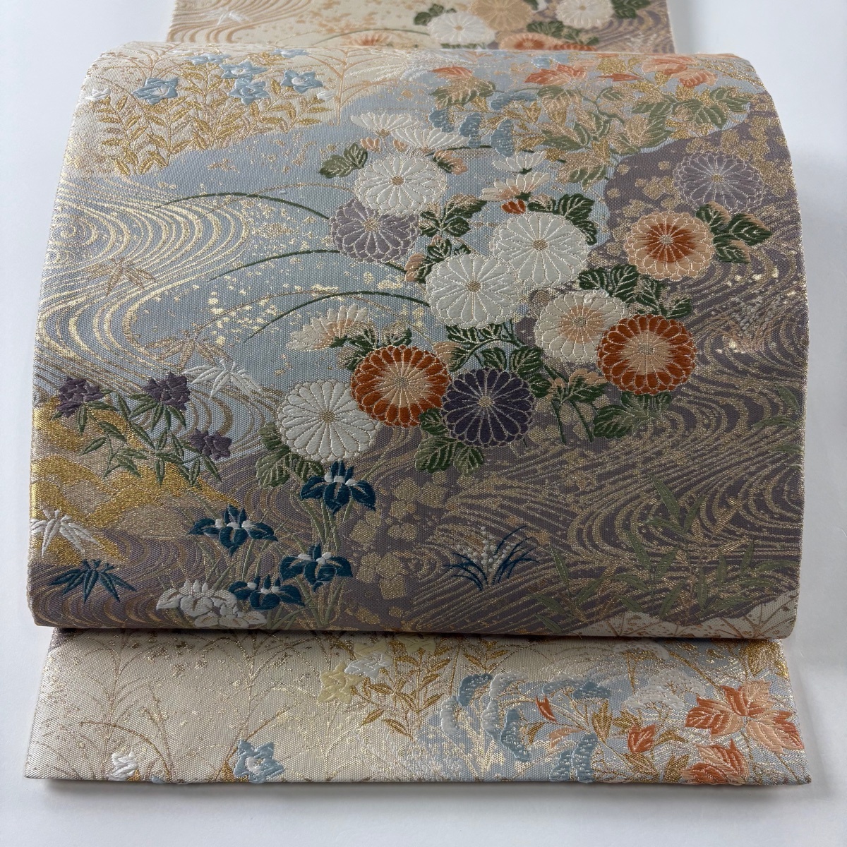 袋帯 秀品 秋草 流水 金糸 箔 クリーム 六通 正絹 【中古】拍卖