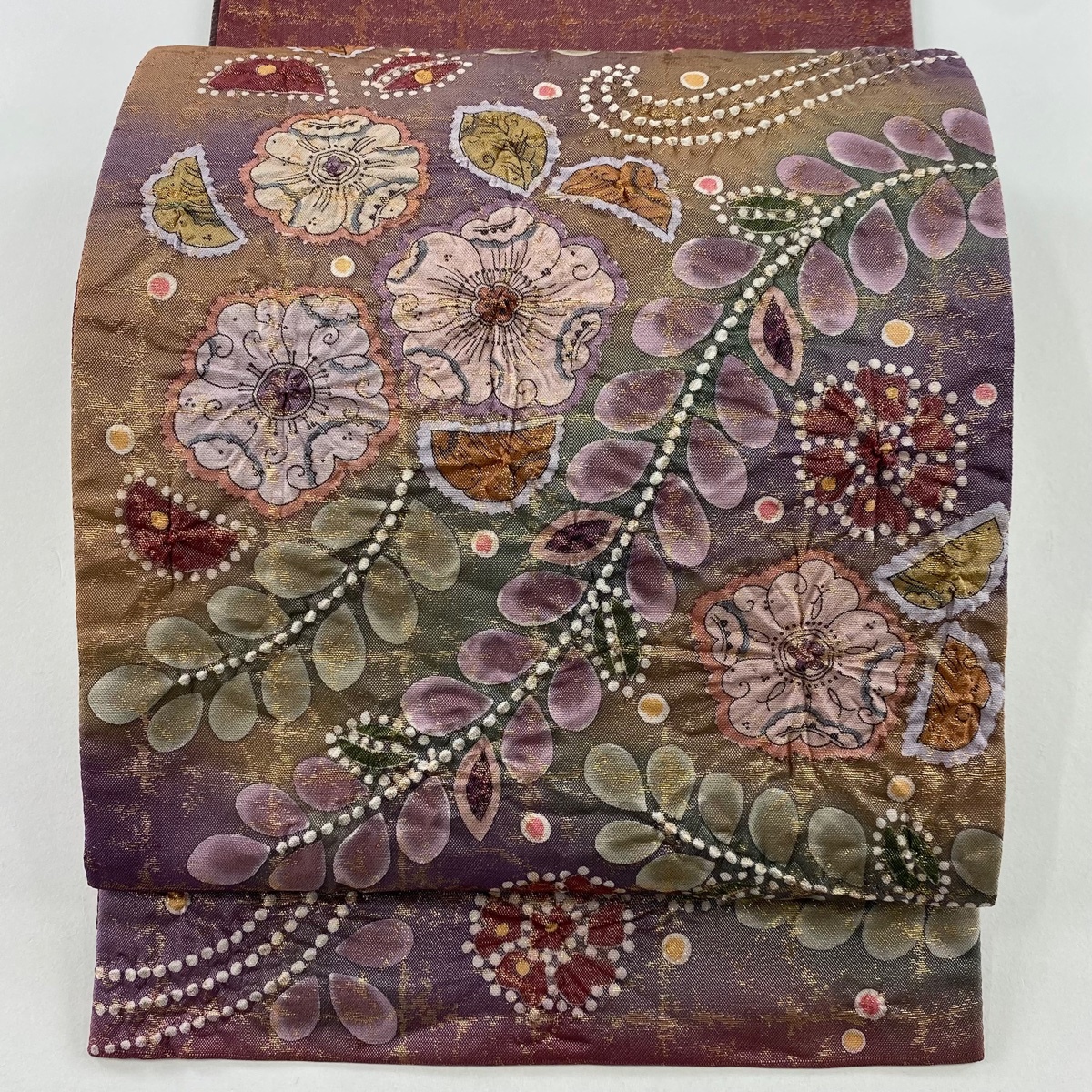 袋帯 美品 名品 落款 辻が花 箔 赤紫 お太鼓柄 正絹 【中古】拍卖
