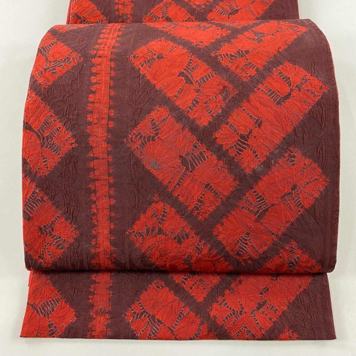 袋帯 秀品 檜垣 花唐草 絞り 赤 六通 正絹 【中古】拍卖