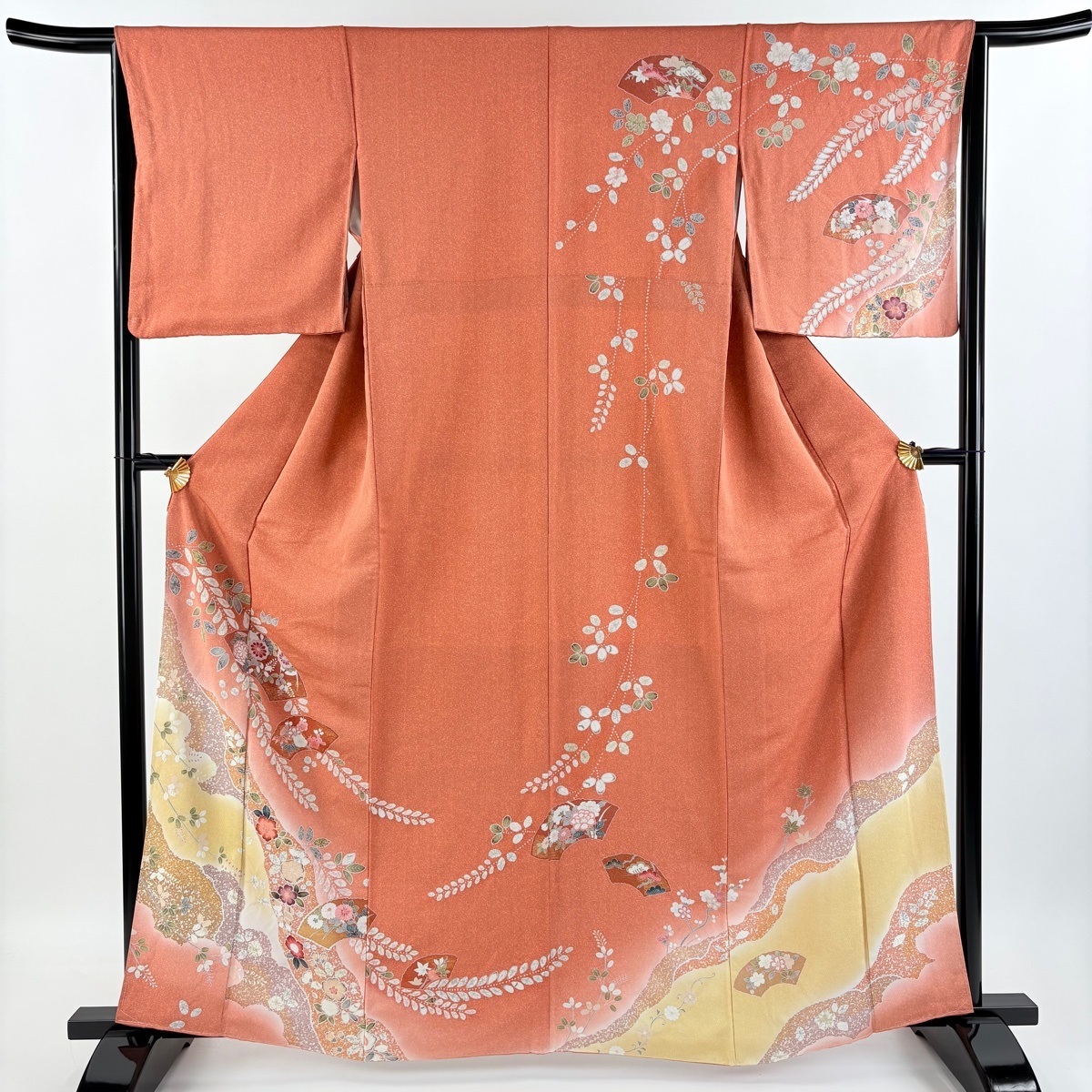 訪問着 身丈162cm 裄丈64cm M 袷 扇面 草花 金彩 ぼかし サーモンピンク 正絹 美品 秀品 【中古】拍卖