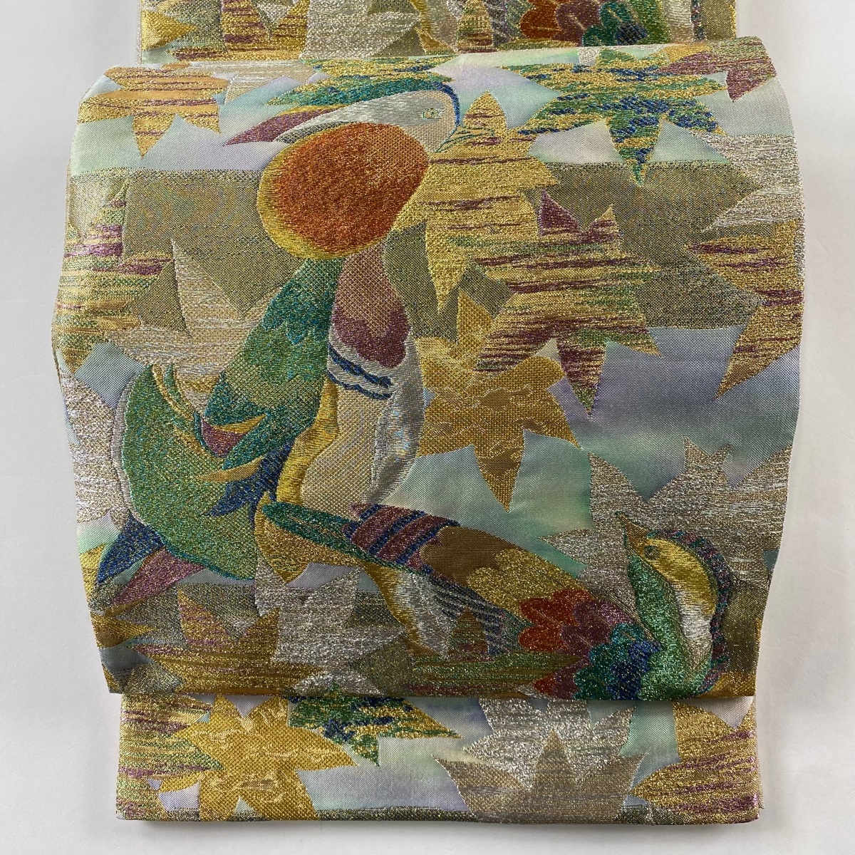 袋帯 美品 名品 鳥 楓 金銀糸 箔 薄緑 六通 正絹 【中古】拍卖