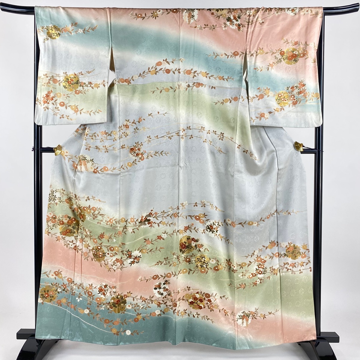 訪問着 身丈159.5cm 裄丈66.5cm M 袷 雪輪 菊 金糸 金銀彩 青灰色 正絹 秀品 【中古】拍卖