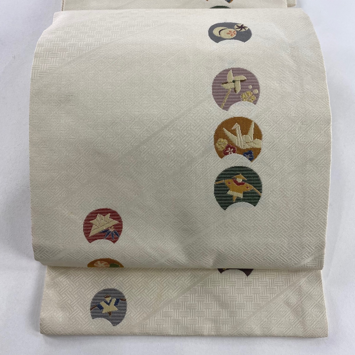 開き名古屋帯 秀品 玩具 折り鶴 金糸 クリーム 正絹 【中古】拍卖