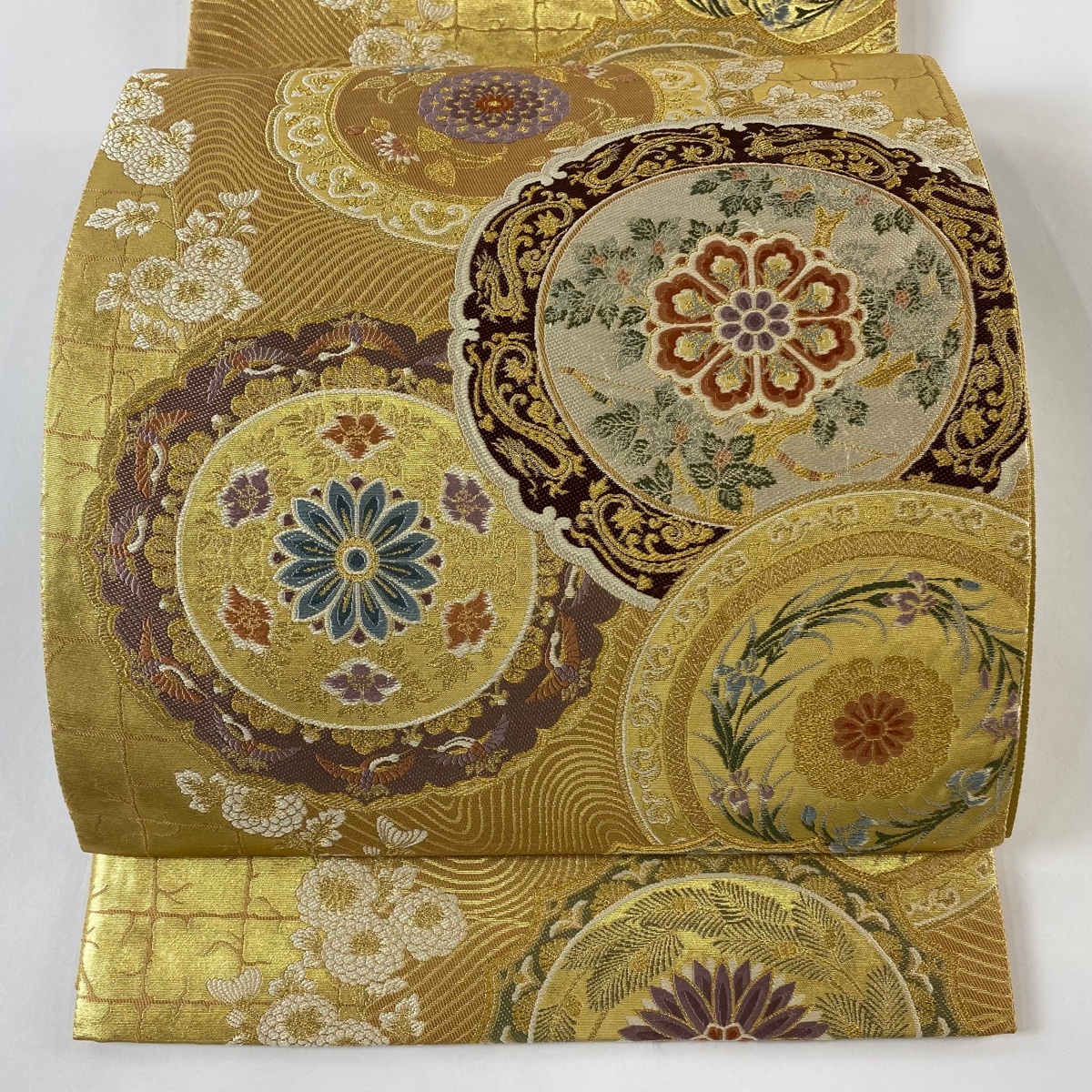 袋帯 美品 秀品 草花 波 金糸 箔 金色 六通 正絹 【中古】拍卖