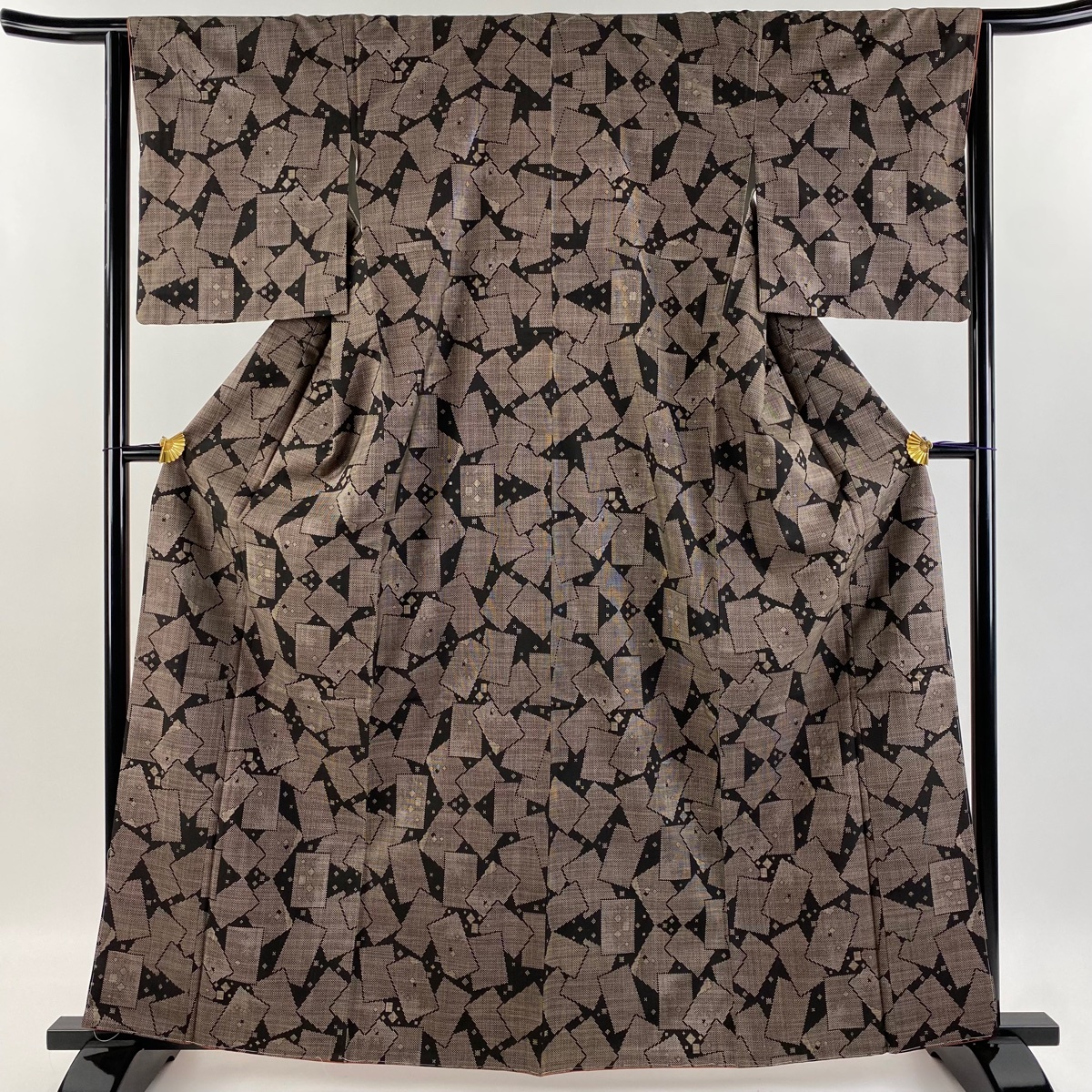 紬 身丈162.5cm 裄丈64.5cm M 袷 色紙 焦茶色 正絹 美品 秀品 【中古】拍卖