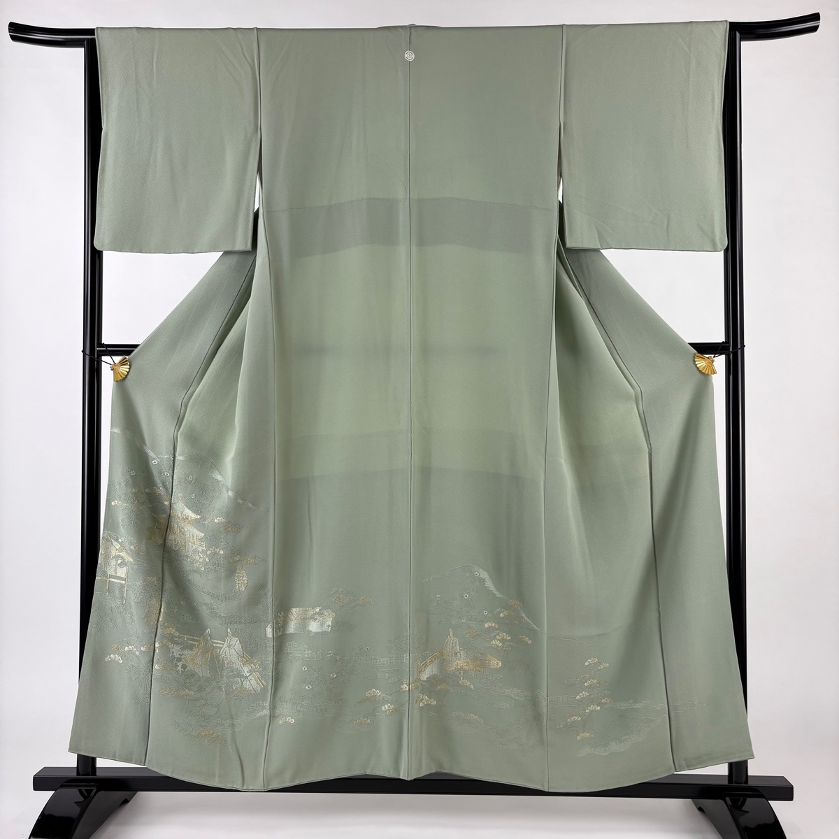 訪問着 身丈156cm 裄丈64cm M 袷 建物 人物 刺繍 金糸 灰緑 正絹 秀品 一つ紋 【中古】拍卖