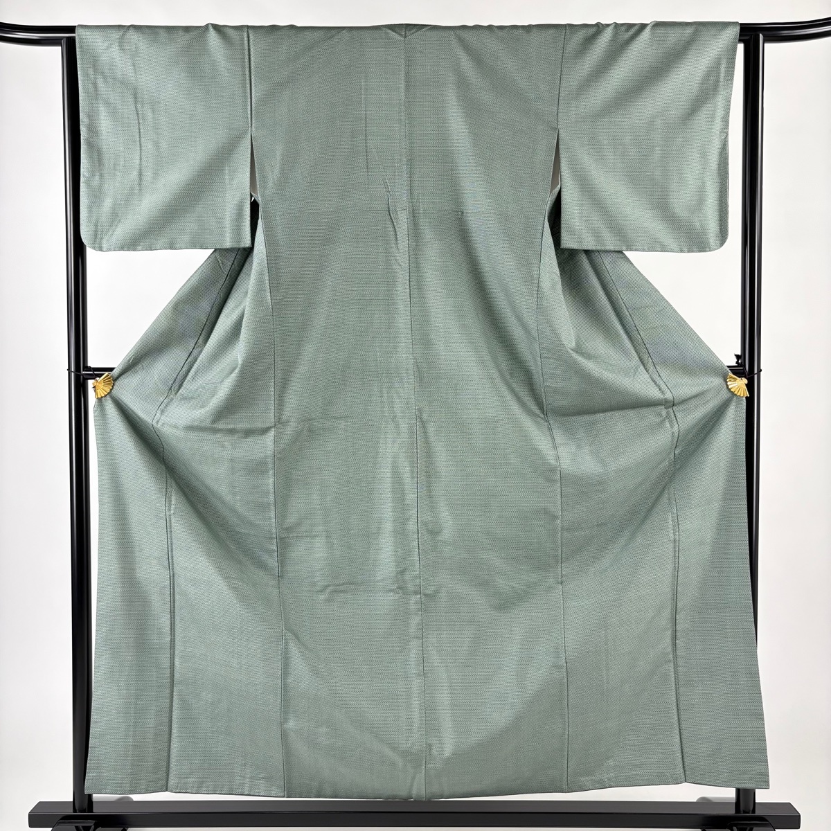 紬 身丈159.5cm 裄丈62cm S 袷 亀甲絣 灰緑 正絹 秀品 【中古】拍卖