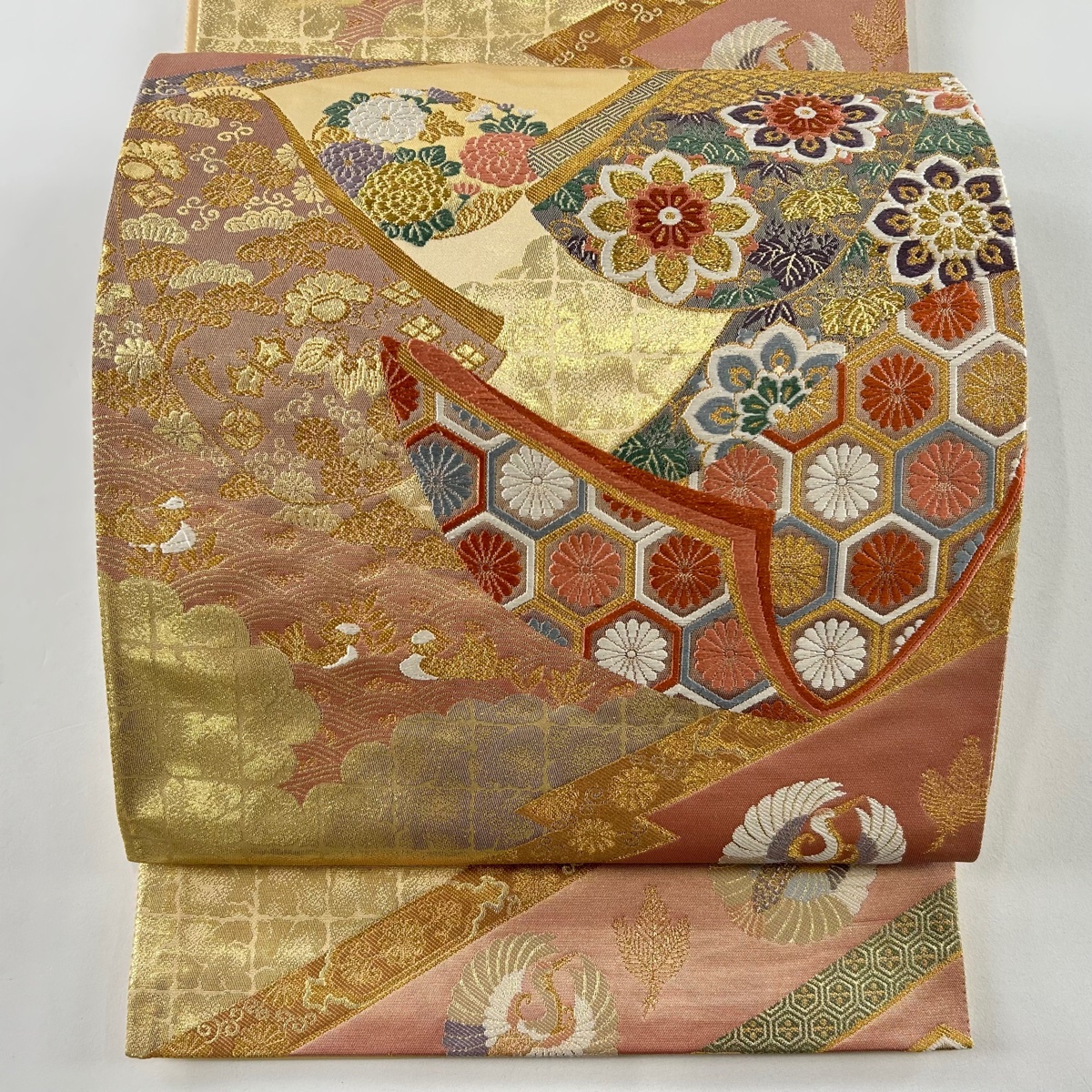 袋帯 美品 秀品 華文 菊 金糸 本うるし箔 薄小豆 六通 正絹 【中古】拍卖