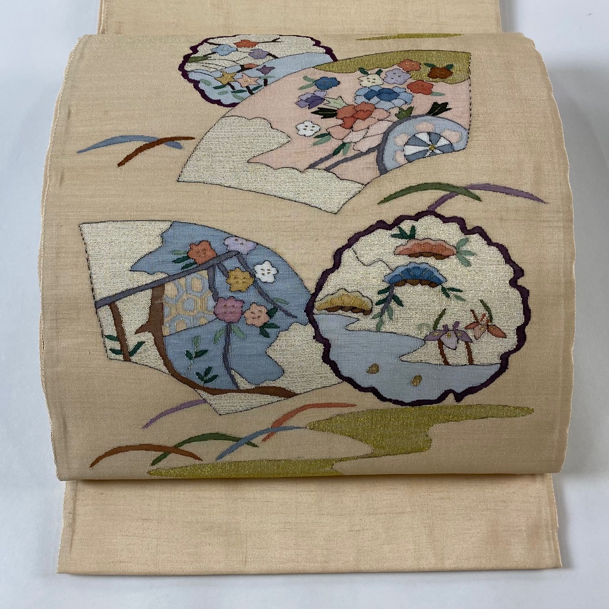 袋帯 名品 紬地 雪輪 扇面 金糸 箔 薄オレンジ お太鼓柄 正絹 【中古】拍卖