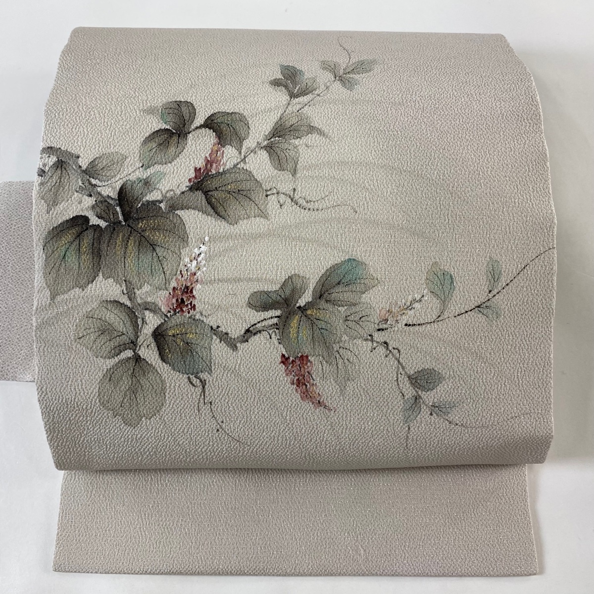 名古屋帯 美品 秀品 落款 枝花 金彩 灰色 正絹 【中古】拍卖