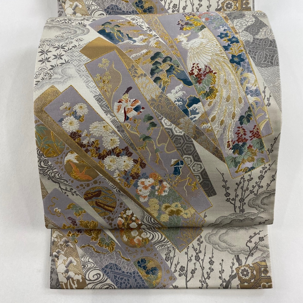 袋帯 美品 秀品 短冊 花鳥 金糸 箔 灰色 六通 正絹 【中古】拍卖