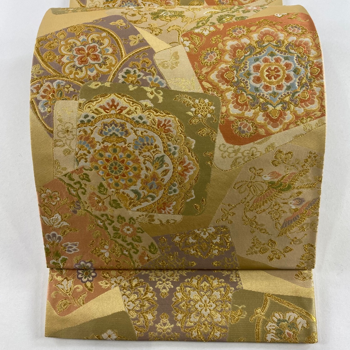 袋帯 秀品 華文 草花 金糸 箔 ベージュ 六通 正絹 【中古】拍卖