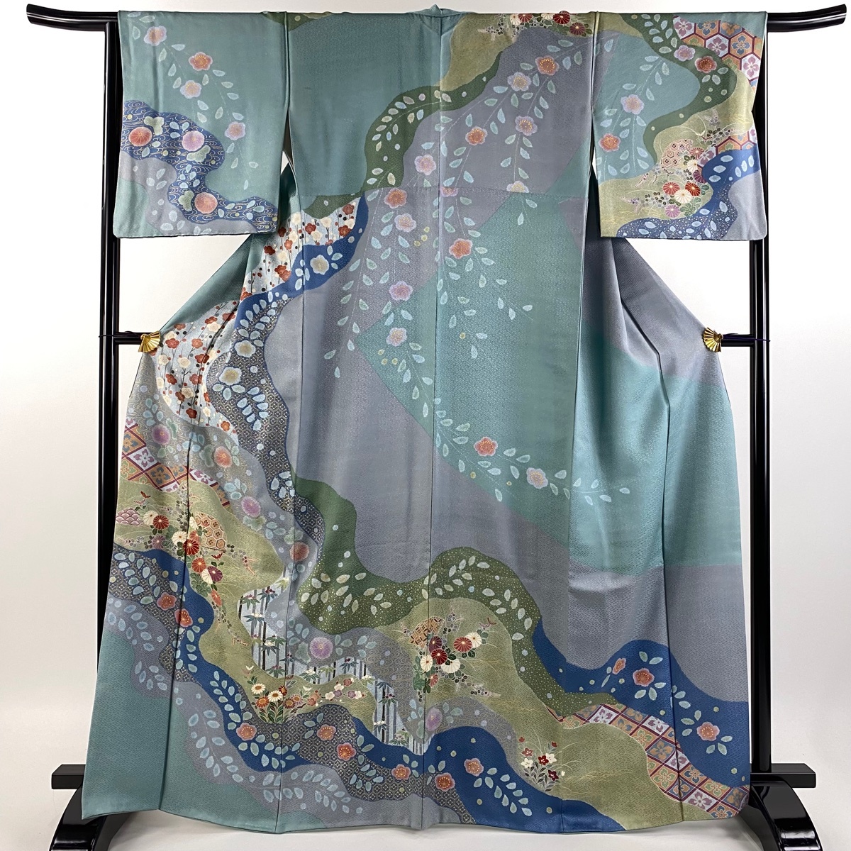 訪問着 身丈166.5cm 裄丈65.5cm M 袷 秋草 扇 金彩 青灰色 正絹 逸品 【中古】拍卖