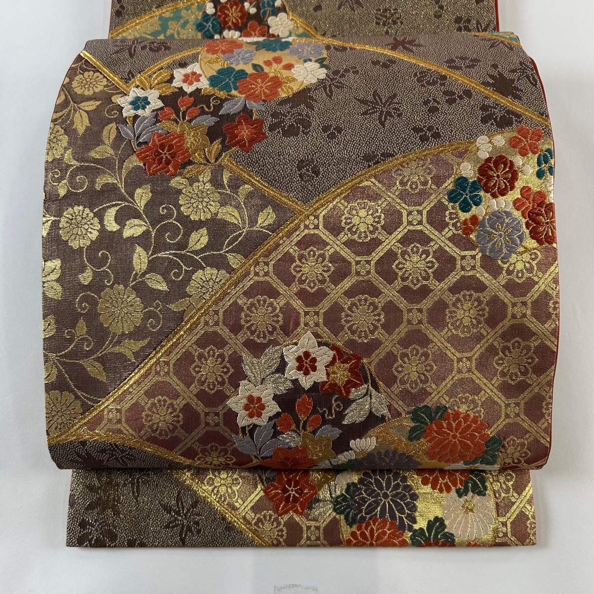 袋帯 秀品 花丸文 花唐草 金糸 刺繍 灰紫 六通 正絹 【中古】拍卖