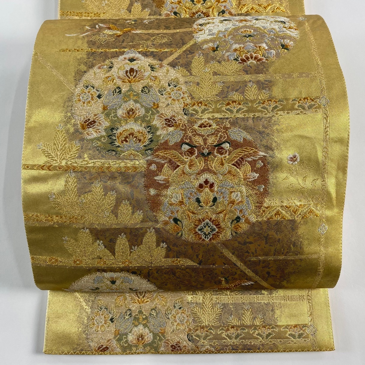 袋帯 美品 秀品 丸文 花鳥 刺繍 金銀糸 金色 六通 正絹 【中古】拍卖