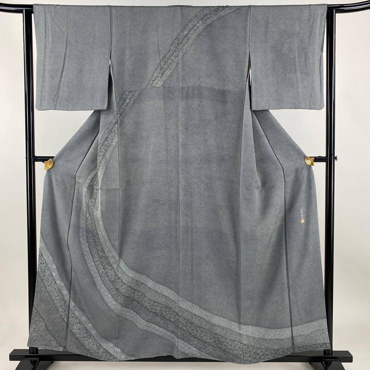 訪問着 身丈155cm 裄丈63cm S 袷 落款 宝尽くし 鮫文 青灰色 正絹 秀品 【中古】拍卖