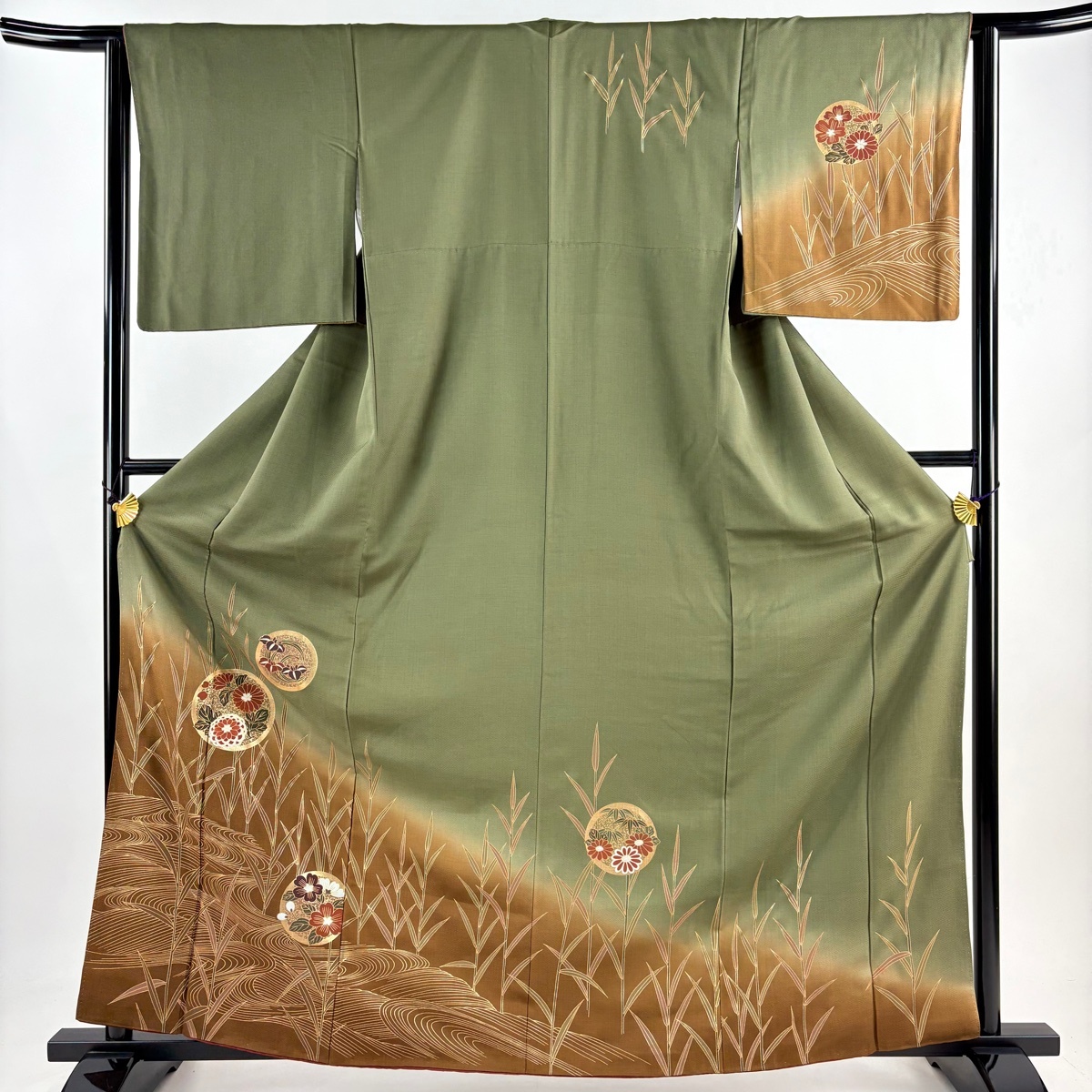 訪問着 身丈163cm 裄丈63.5cm S 袷 花丸文 流水 金彩 染め分け 茶緑色 正絹 美品 秀品 【中古】拍卖