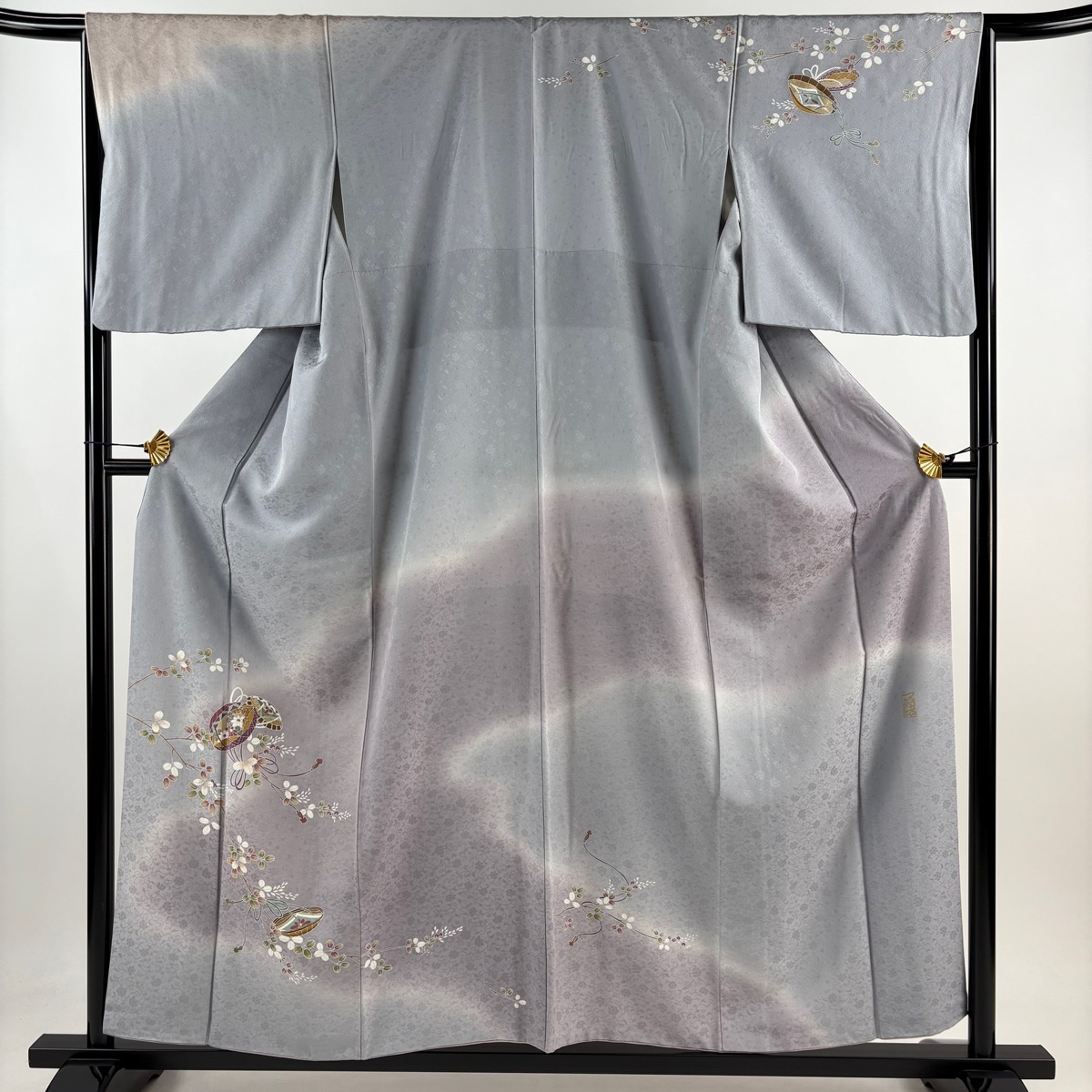 訪問着 身丈157.5cm 裄丈66cm M 袷 中村玉緒 落款 花笠 萩 銀彩 ぼかし 灰色 正絹 名品 【中古】拍卖