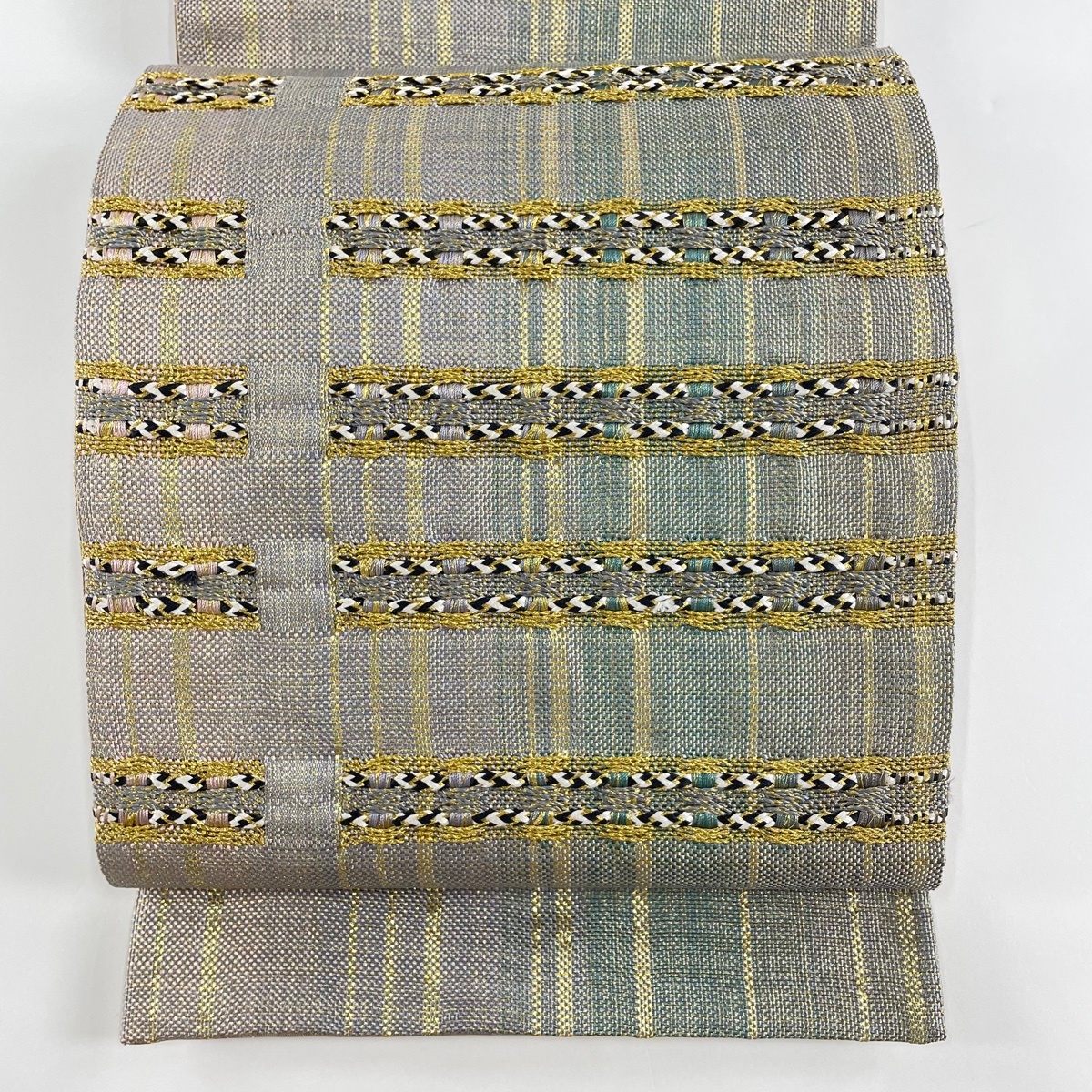 袋帯 美品 名品 縞 幾何学模様 金通し 薄緑 お太鼓柄 正絹 【中古】拍卖