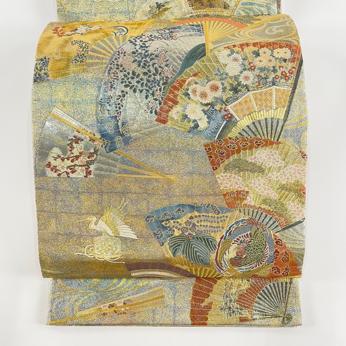 袋帯 美品 名品 落款 徳川美術館秘蔵 能楽百扇 花鳥 金糸 箔 金色 お太鼓柄 正絹 【中古】拍卖