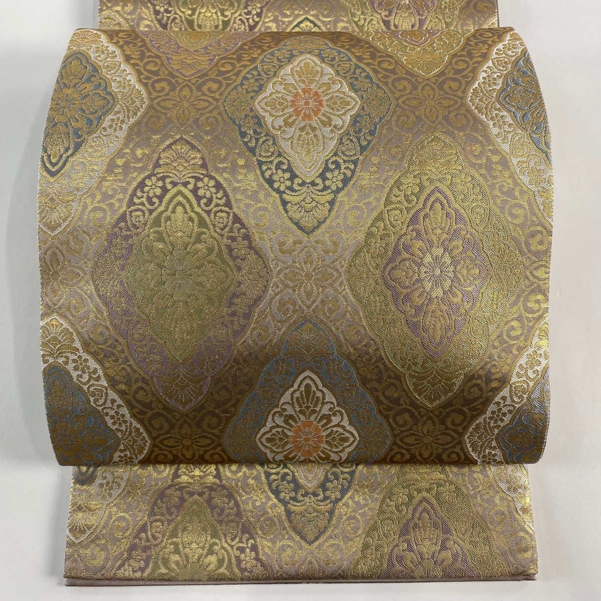 袋帯 美品 秀品 華文 唐草 箔 灰紫 六通 正絹 【中古】拍卖