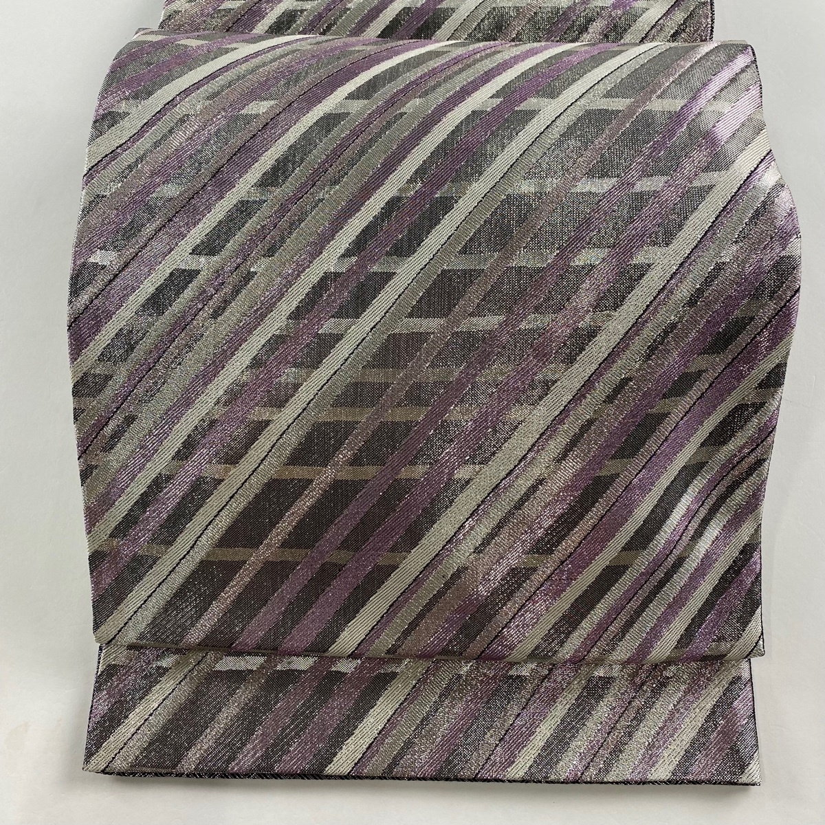 袋帯 美品 秀品 縞 斜縞 箔 黒灰 六通 正絹 【中古】拍卖