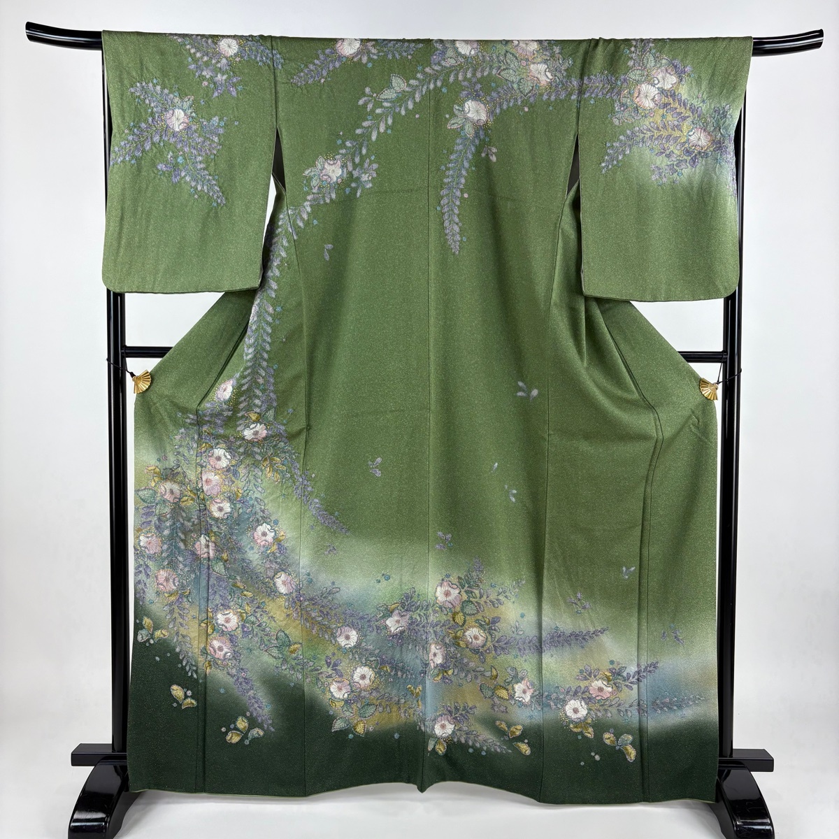 訪問着 身丈166cm 裄丈68.5cm L 袷 辻が花 銀通し 金彩 緑 正絹 逸品 【中古】拍卖
