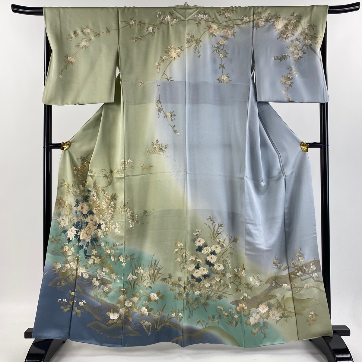 訪問着 身丈162cm 裄丈68.5cm L 袷 牡丹 流水 金彩 薄緑 正絹 逸品 【中古】拍卖