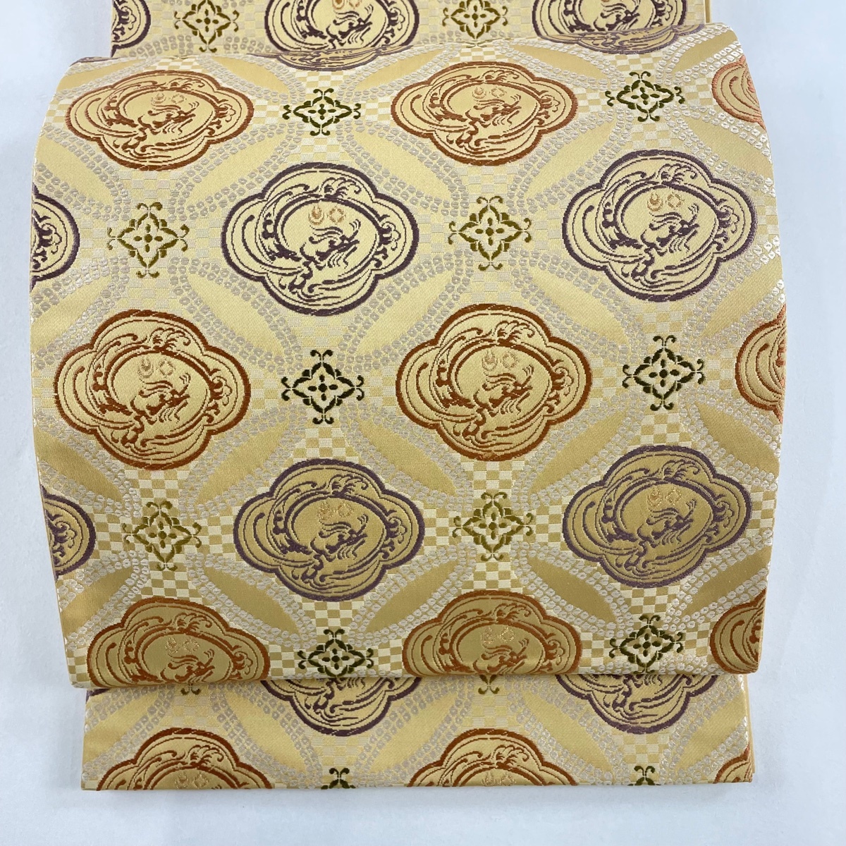 袋帯 美品 名品 龍 七宝 金糸 ベージュ 六通 正絹 【中古】拍卖